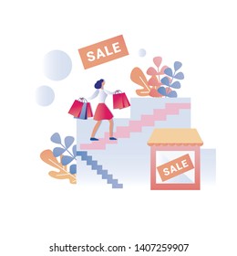 Woman Shopping Day Big Sale Offering Flat Banner Cartoon Girl Character Walking up Stairs Holding Paper Bags Purchase Vector Floral Illustration Promotional Shop Landing Page Black Friday Flyer