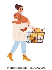 Woman shopping with dog in a store. Pet care, retail activities, and pet owner. Flat illustration.