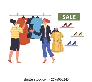 Woman shopping during sale with shop assistant, flat vector illustration isolated on white background. Character buying clothes with help of personal fashion stylist.