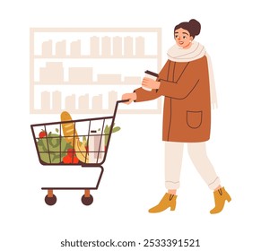 A woman shopping for eco-friendly products at a local market. Female with grocery basket in supermarket doing shopping. Flat illustration.