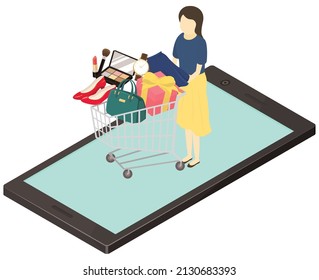 Woman shopping fashion items on the internet. Vector illustration.