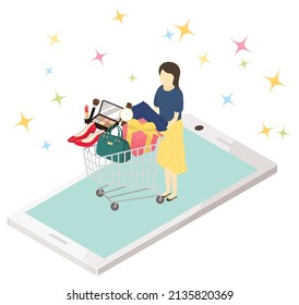 Woman shopping fashion items on the internet. Vector illustration.