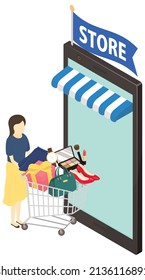 Woman shopping fashion items on the internet. Vector illustration.