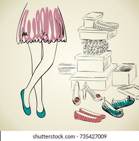 Woman shopping for fashion shoes. Hand draw illustration.