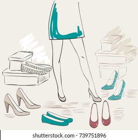 Woman shopping for fashion shoes. Hand draw illustration.