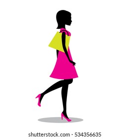 Woman shopping. Fashion shopper girl silhouette with bag of clothing. Glamour model for advertisement summer, spring, autumn, winter sale design. Walking woman in beautiful dress. Vector illustration.