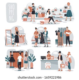 Woman shopping in fashion store, people in boutique, vector illustration. Cartoon characters choosing clothes in fashion shop, woman trying on dress and shoes. Clothes collection sale in boutique