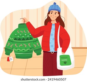 Woman shopping for festive green sweater, finding holiday sale. Cheerful shopper with winter hat holds a quilted bag.