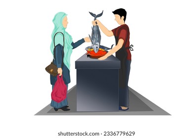 woman shopping for fish from a male trader in a traditional market