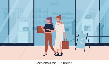 Woman shopping flat vector illustration. Cartoon happy young beautiful fashionable girl friend characters with shopper bags walking next to clothing stores shopwindows. Fashion shop sales background