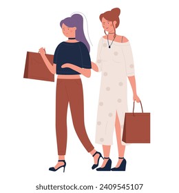 Woman shopping flat vector illustration. Cartoon happy young beautiful fashionable girl friend characters with shopper bags walking next to clothing stores shopwindows. Fashion shop sales background