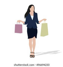 Woman shopping. Girl goes in dress and in the hands holding shopping bags