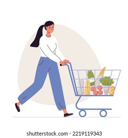 Mujer comprando. Niña caminando con un carrito de compras. Compras en el supermercado. Ilustración del vector