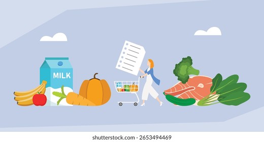 Mulher comprando para compras com uma lista de compras e ilustrações de vetor plano Ca 2d