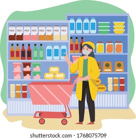 A woman shopping at groceries shop while keep using medical mask