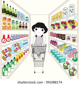 Woman Shopping At Groceries Store Supermarket illustration