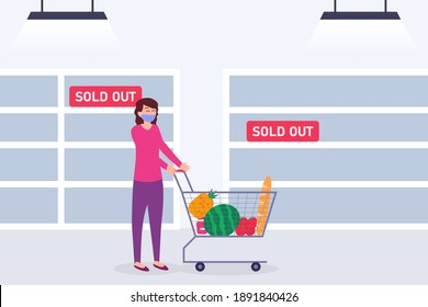 Woman shopping groceries at a supermarket with empty shelf 2D flat vector concept for banner, website, illustration, landing page, flyer, etc.