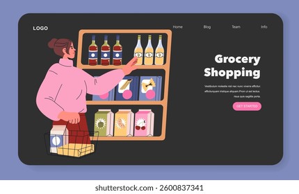 A woman shopping in a grocery store is selecting beverages from a shelf while holding a basket filled with various items. The illustration captures the ambiance of a vibrant shopping experience with