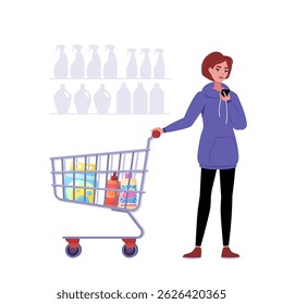 A woman is shopping in a grocery store. She is looking at her phone while shopping. Vector illustration in a flat style