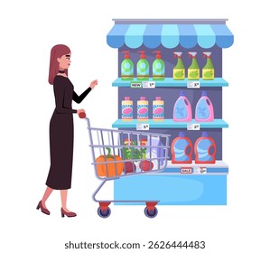 A woman is shopping in a grocery store. She is pushing a shopping cart. Vector illustration in a flat style