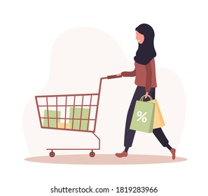 Woman shopping. Happy arab girl with cart and bags. Vector cartoon illustration isolated on white background. Promotion and sale template.