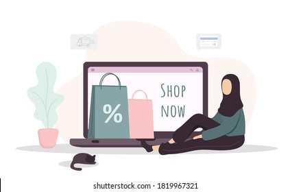 Woman Shopping. Happy Arab Girl Shop At An Online Store. Vector Cartoon Illustration Isolated On White Background. Promotion And Sale Template.