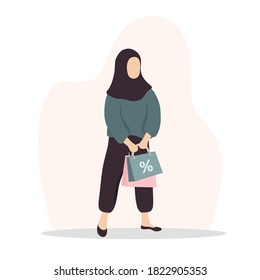 Woman shopping. Happy arab girl carrying bags. Vector cartoon illustration isolated on white background. Promotion and sale template.