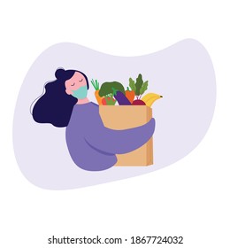 Woman shopping healthy food and vegetables wearing medical mask. Grocery shopping concept during worldwide pandemic of covid-19.Female character with bag full of vegetables. Flat vector illustration.