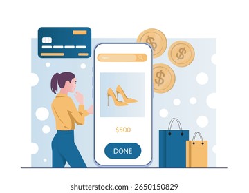 Mulher que compra saltos altos usando um smartphone, interface digital com cartão de crédito e moedas em fundo azul suave, conceito de e-commerce móvel. Ilustração vetorial