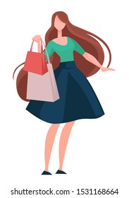 Woman shopping, holding shopper tote, paper bags, front view. Pretty girl with long brown hair, wearing stylish clothes, flared blue skirt and top. Flat vector illustration on white background.