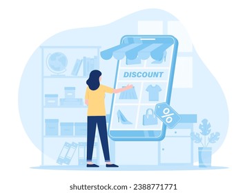 woman shopping at home via mobile phone trending concept flat illustration