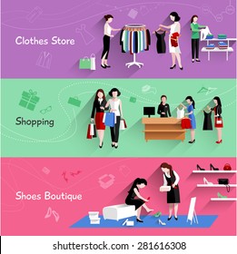 Woman shopping horizontal banner set with clothes and shoes store elements isolated vector illustration