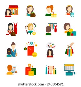Woman shopping icon flat set with cosmetics accessories fashion symbols isolated vector illustration