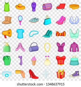 Woman shopping icons set. Cartoon style of 36 woman shopping vector icons for web for any design