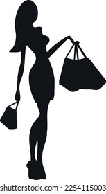 woman shopping illustration, shopping woman silhouette vector.