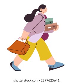 Woman shopping, isolated female character walking with presents and bags from stores and shops. Girl with gifts bought in mall with lowered price, discount or sale. Vector in flat style illustration