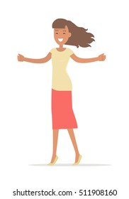 Woman shopping isolated on white. Lady with opened arms smiling. Flat design. Brunet girl character in t-shirt and pink skirt. Pleasure of purchase. For sales and discounts. Vector illustration