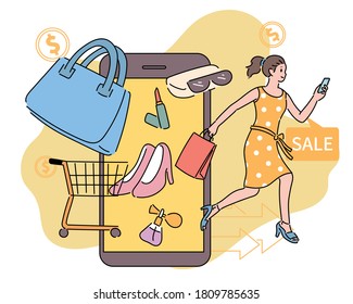 A woman and shopping items are popping out of a large cell phone. hand drawn style vector design illustrations. 