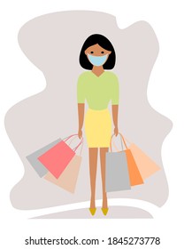 Woman shopping with mask and shopping bags. Isolated with white background
