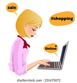 Woman shopping on line.  Vector.