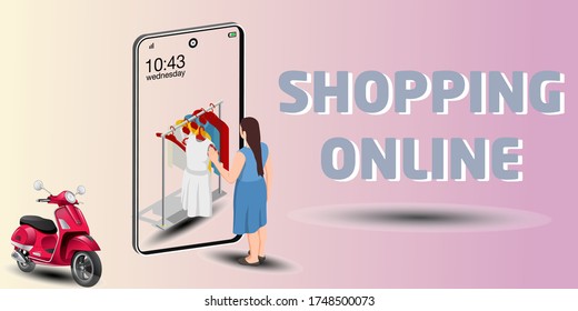 Woman Shopping on online website.  Pink person on Mobile Application. Vector Concept Marketing and Digital marketing