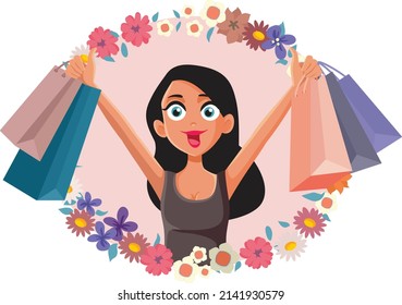 
Woman Shopping auf Spring Sale Jahreszeit Vektorgrafik. Fröhliches Ladenmädchen, das auf eine Einkaufspour geht
