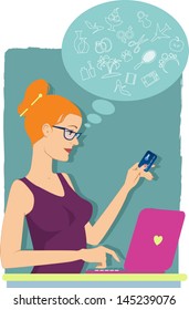 Woman shopping on-line, browsing on her laptop, holding a credit card, smiling and thinking about products she wants to buy