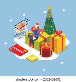 Woman shopping online for christmas with laptop 3d isometric vector illustration concept for banner, website, landing page, ads, flyer