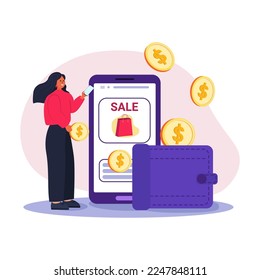 Woman shopping online concept. Shopping online at home using mobile phone. Customer selects the goods to order. Shopping on social networks through phone, flat design style.