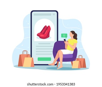 Woman shopping online concept. Woman sitting on the couch, Shopping online at home using mobile phone. Customer selects the goods to order, Girl with smartphone next to paper bags. Vector flat style