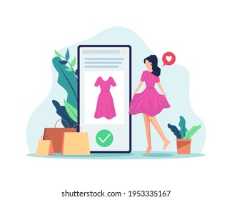 Woman shopping online concept. Women wearing clothes, Satisfied and happy with the online shopping experience. Shop online with mobile phone, Review the product purchased. Vector in a flat style