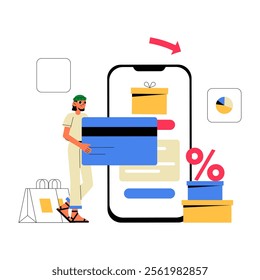 Woman Shopping Online With Credit Card And Smartphone In Flat Vector Illustration Symbolizing Digital Shopping Discounts And E Commerce Isolated On White Background