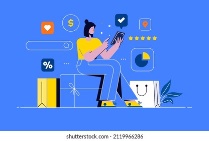 Woman shopping online, furniture in online store and order delivery through mobile application, pay her credit card. Concept of E-commerce and shopping for banner, landing web page. Vector