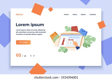 Woman shopping online. Hand pf customer, screen with internet store page, bags flat vector illustration. Consumerism, sale, commerce concept for banner, website design or landing web page